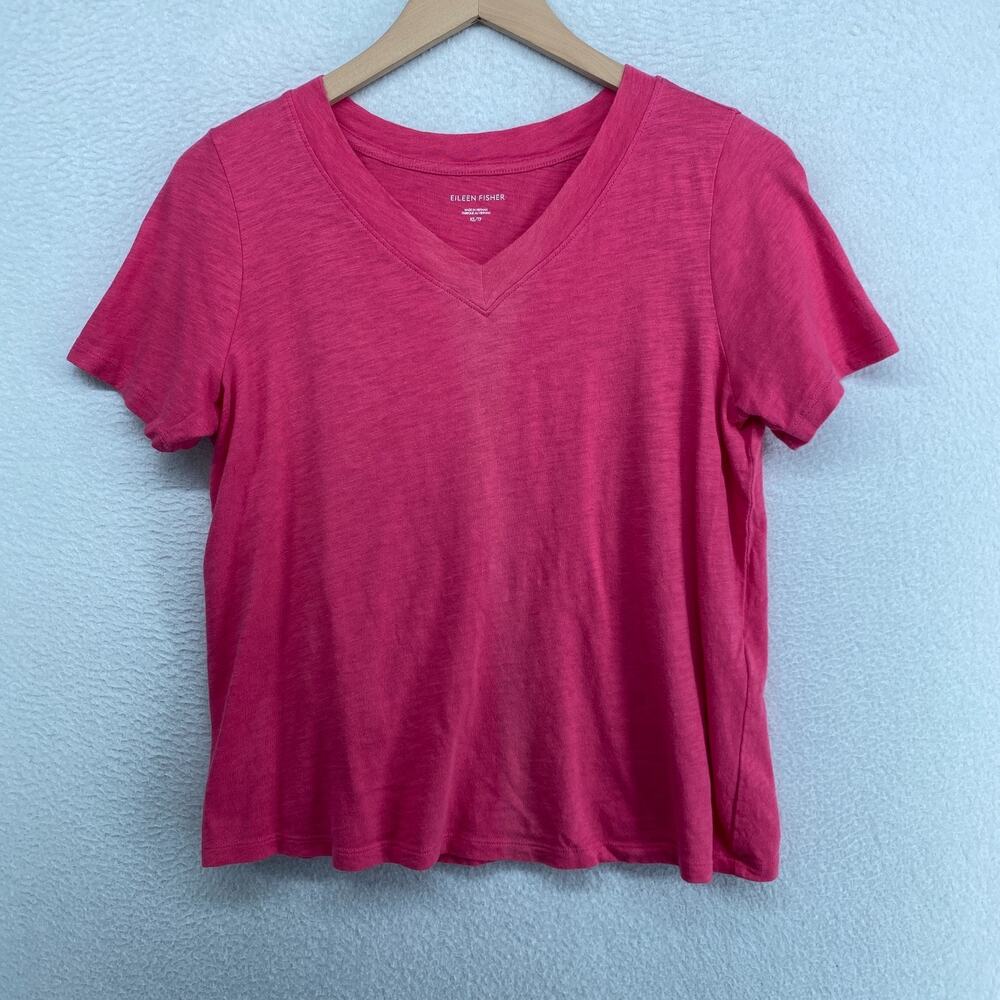 EILEEN FISHER Top XS Slub Organic Cotton Jersey V-Neck Short Sleeve Pink